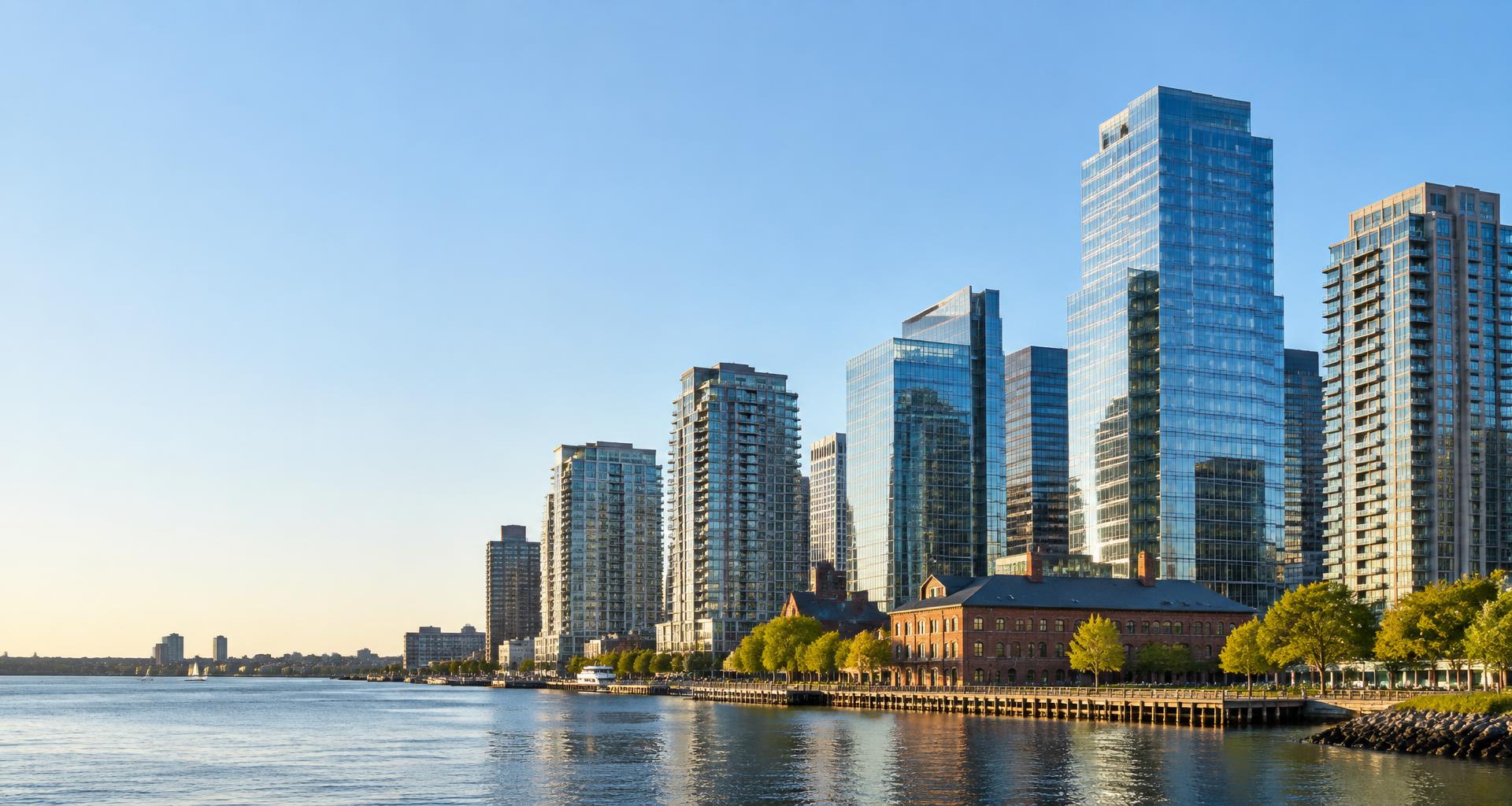 Commercial towers and residential properties along a city waterfront